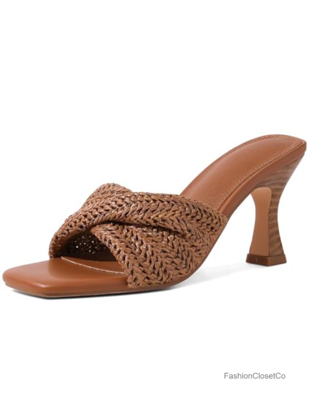 Raffia Heeled Sandals Stiletto Mule Square Toe Braided Backless Slip On